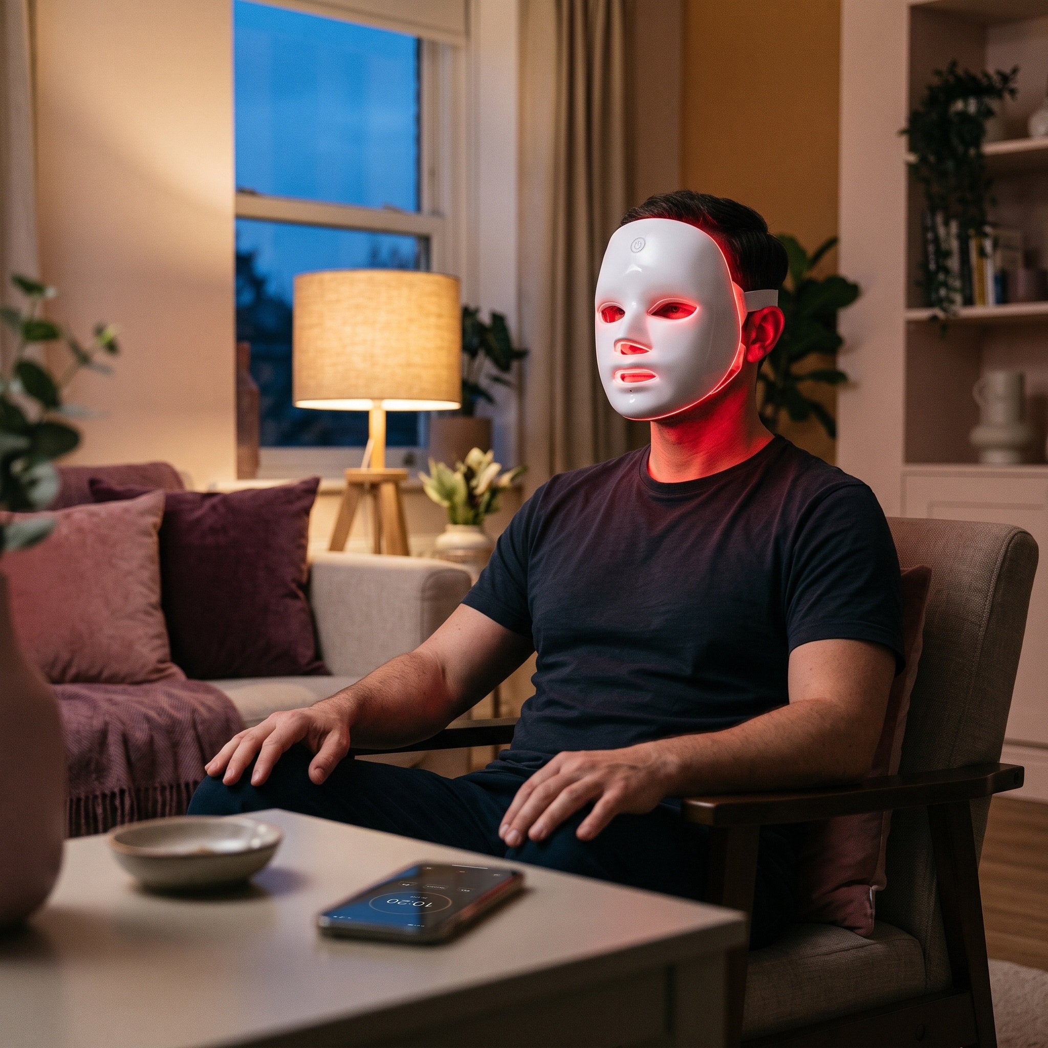 White LED face mask beside evening skincare items