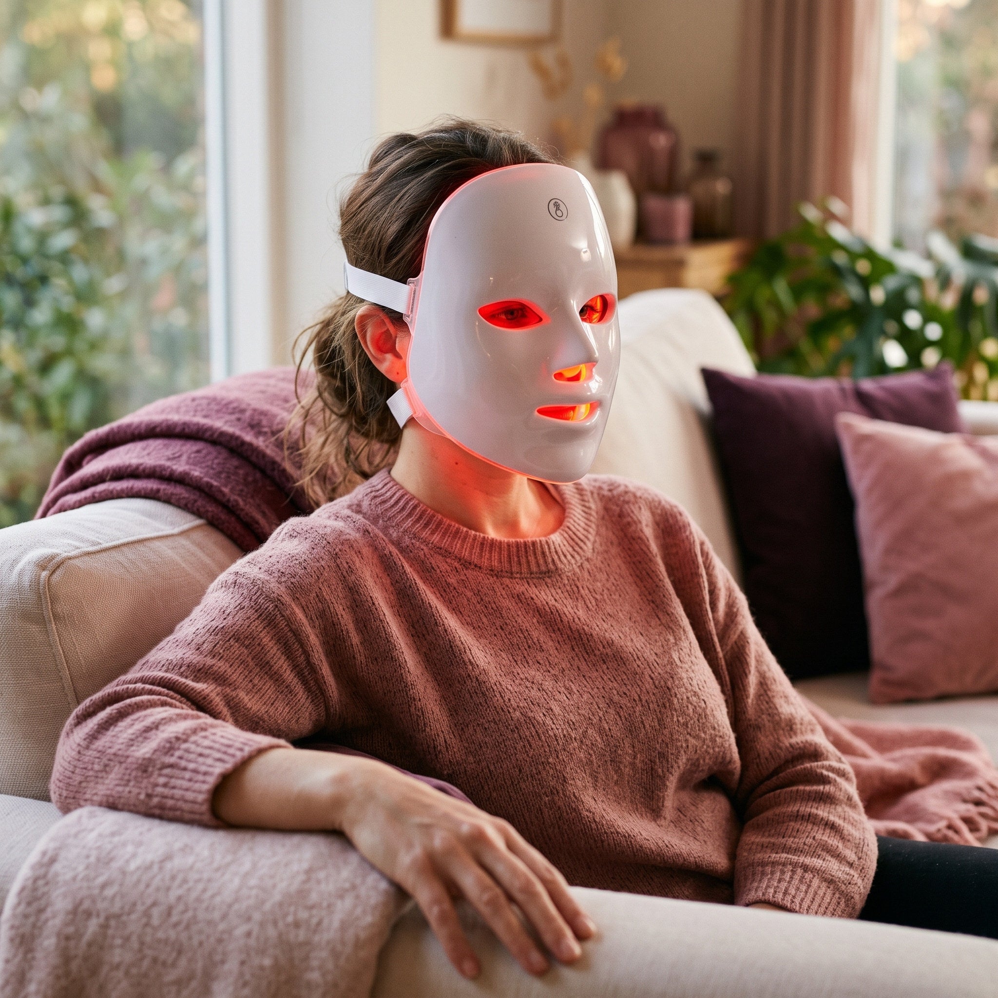 Red-light mask in an evening self-care setting