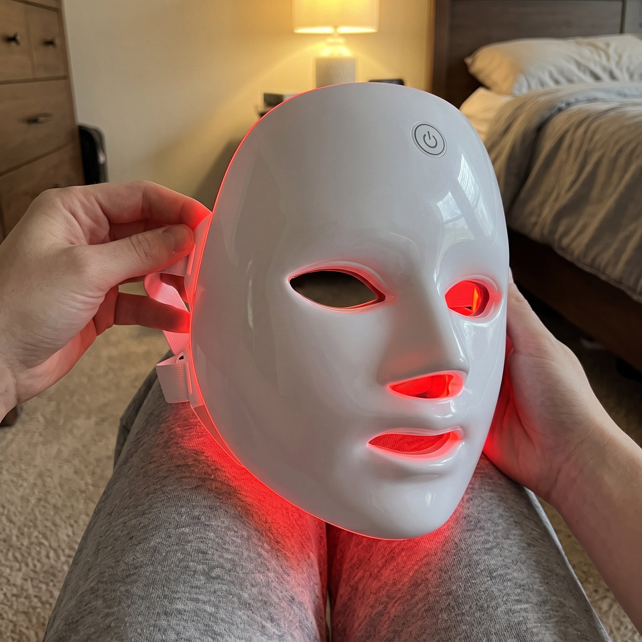 White Glow Hour LED face mask in an at-home self-care scene 2