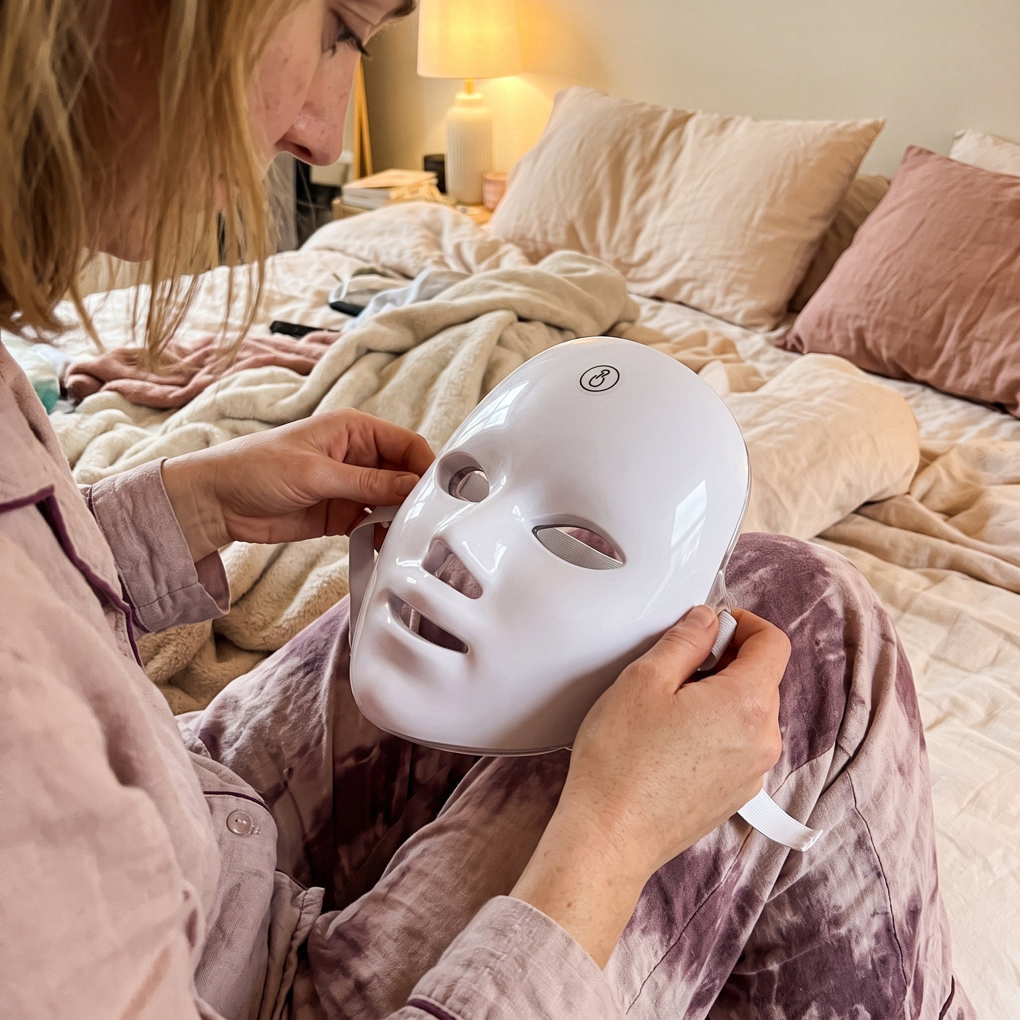 Sophie M. with a white Glow Hour LED face mask in an at-home routine