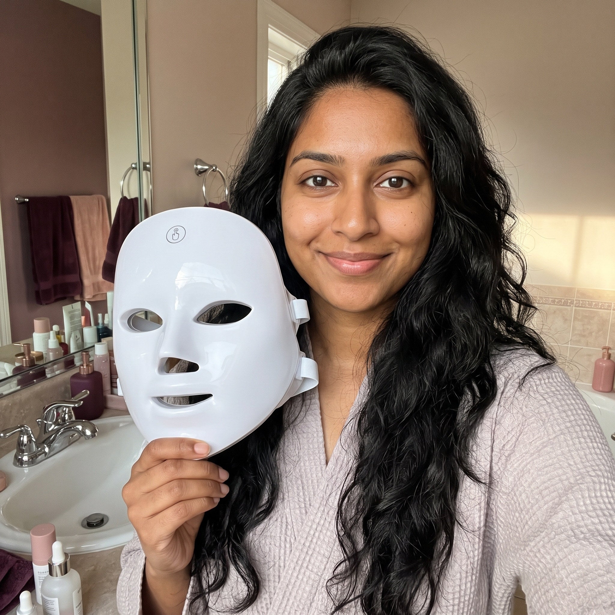 Priya S. with a white Glow Hour LED face mask in an at-home routine
