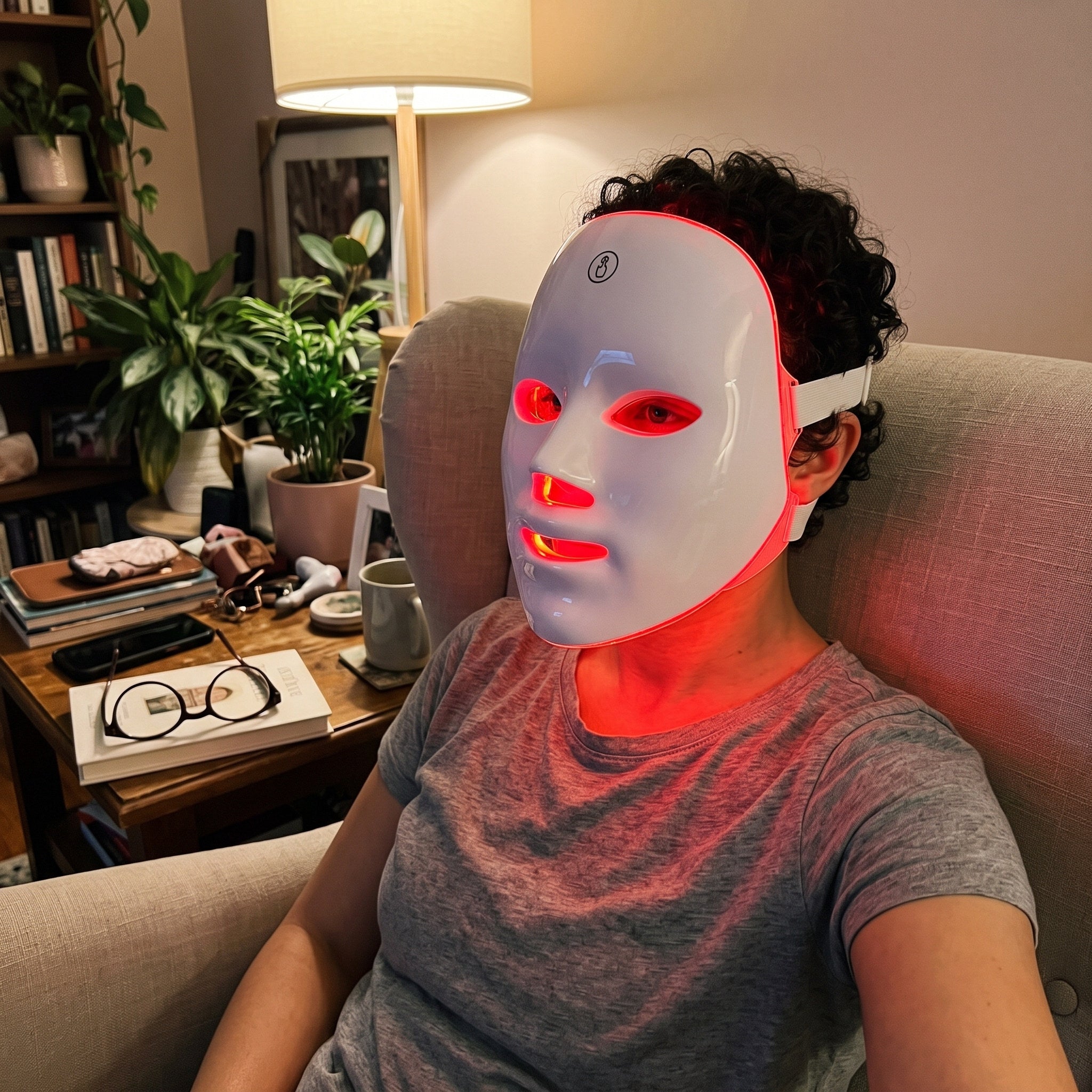 Alex W. with a white Glow Hour LED face mask in an at-home routine
