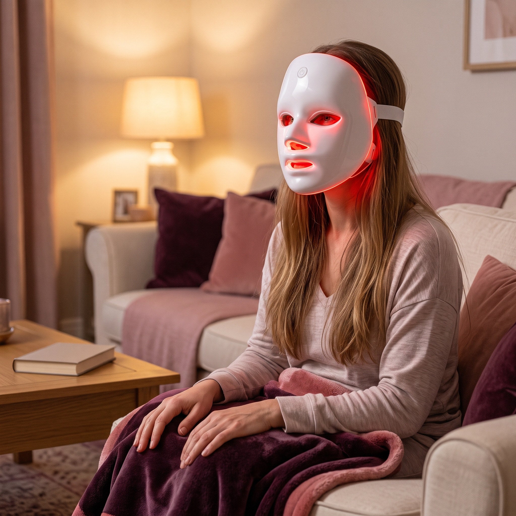 Chloe T. with a white Glow Hour LED face mask in an at-home routine